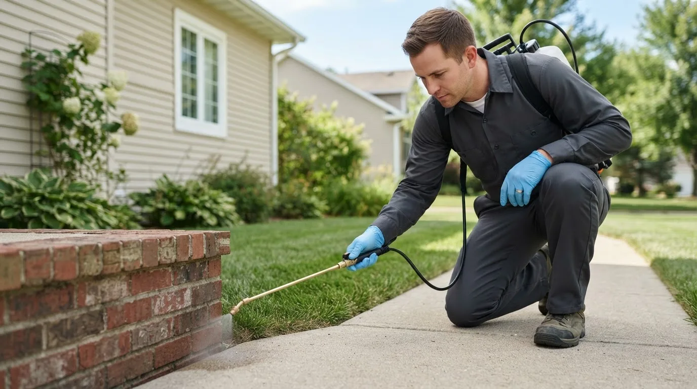 Pest control technician treating a home near Tappen, ND