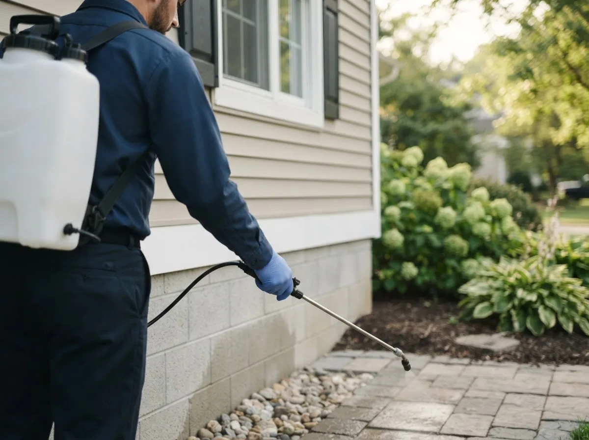 Pest control technician inspecting a home in Tappen, ND